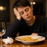 Person experiencing brain fog and fatigue after eating a carb-heavy meal