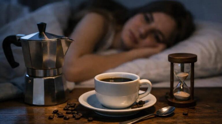 Person lying awake in bed after drinking coffee late at night