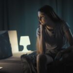 Person sitting awake at night after socializing feeling mentally overstimulated