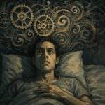 Exhausted person lying awake in bed with racing thoughts at night