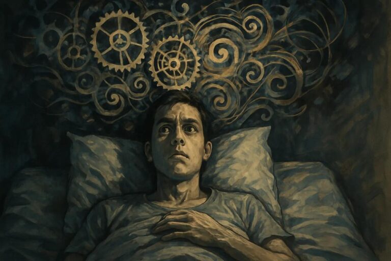 Exhausted person lying awake in bed with racing thoughts at night