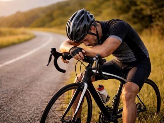 Cyclist resting after a bike ride while feeling nauseous and exhausted
