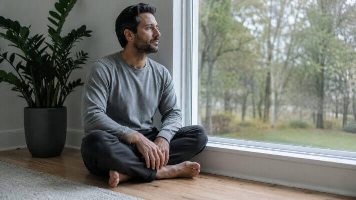 Person sitting quietly after meditation with a thoughtful distant gaze