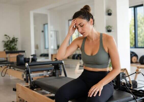 Woman feeling lightheaded after Pilates class in a bright studio