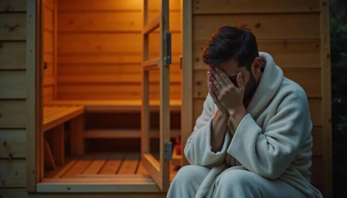 Person feeling like vomiting after sauna