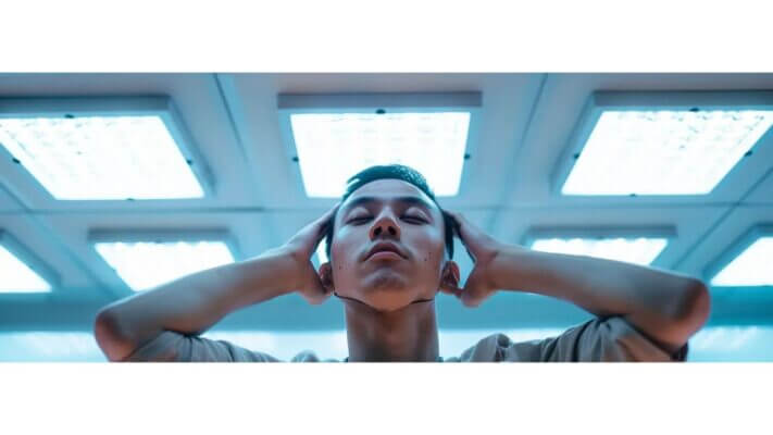 Person feeling dizzy and visually uncomfortable under bright fluorescent lights