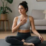 Person meditating while noticing heartbeat with hand resting on chest
