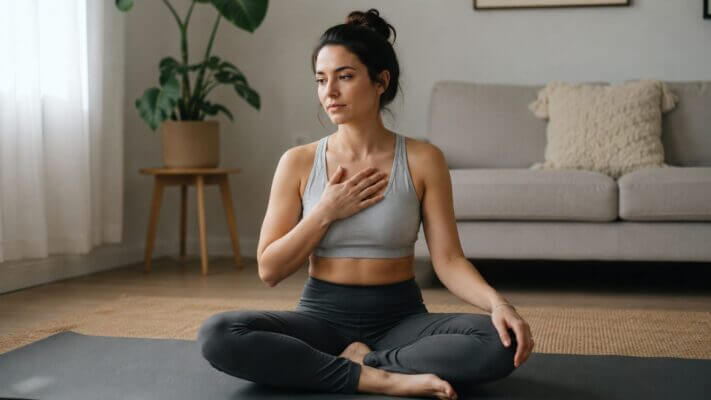 Person meditating while noticing heartbeat with hand resting on chest