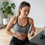 Person feeling nauseous after eating a protein bar at the gym