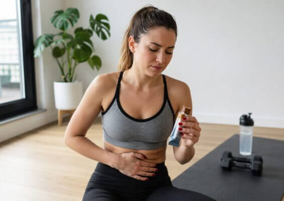 Person feeling nauseous after eating a protein bar at the gym