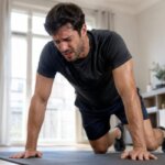 Person pausing during push-ups with a lightheaded expression in a bright home workout space