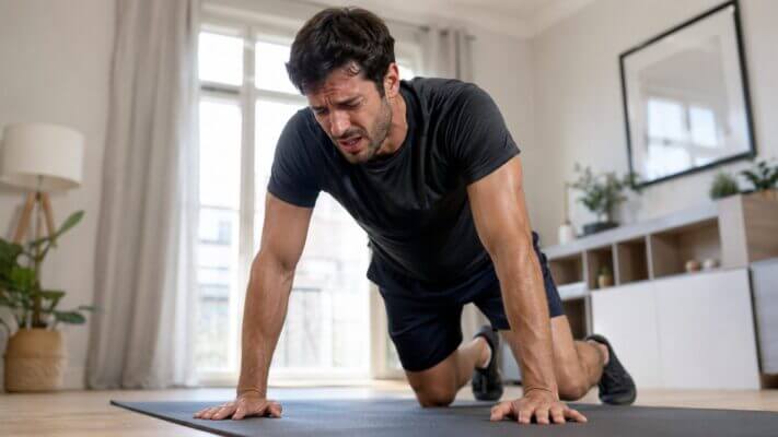 Person pausing during push-ups with a lightheaded expression in a bright home workout space