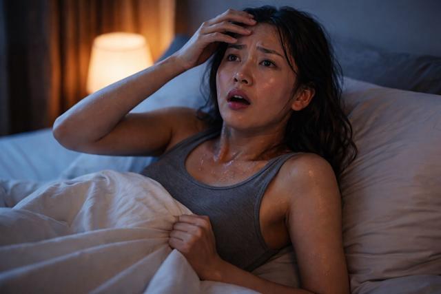 Person waking up sweaty in a cold bedroom at night