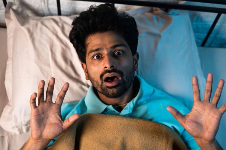 Person suddenly waking up at night with an adrenaline rush
