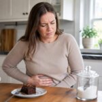 A Western woman sitting in a bright kitchen, holding her stomach with a mildly uncomfortable expression after eating a low-sugar dessert near an unlabeled sweetener jar.