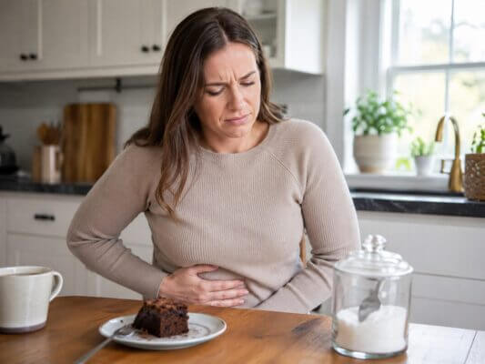 A Western woman sitting in a bright kitchen, holding her stomach with a mildly uncomfortable expression after eating a low-sugar dessert near an unlabeled sweetener jar.