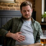 Western man sitting in a cozy pub with a half-full beer glass nearby, gently holding his bloated stomach with a mildly uncomfortable expression.