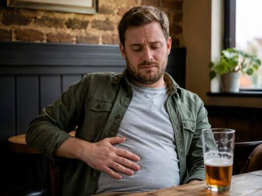 Western man sitting in a cozy pub with a half-full beer glass nearby, gently holding his bloated stomach with a mildly uncomfortable expression.