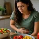 A Western woman holding her stomach at a kitchen table with fresh bell peppers and a salad nearby, showing mild digestive discomfort in a natural realistic home setting.