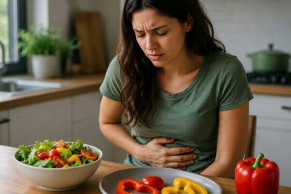 A Western woman holding her stomach at a kitchen table with fresh bell peppers and a salad nearby, showing mild digestive discomfort in a natural realistic home setting.
