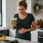 A Western woman stands in a bright kitchen holding a green smoothie while resting one hand on her stomach with a mildly uncomfortable expression, with bananas, spinach, and berries on the counter.