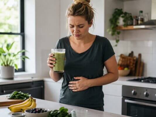 A Western woman stands in a bright kitchen holding a green smoothie while resting one hand on her stomach with a mildly uncomfortable expression, with bananas, spinach, and berries on the counter.