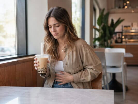 A Western woman sitting in a cafe holds a cup of boba tea with tapioca pearls while gently pressing her stomach, showing mild discomfort after drinking bubble tea.