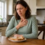 A Western woman sitting at a kitchen table with sliced bread in front of her, holding her chest with a concerned expression after eating.