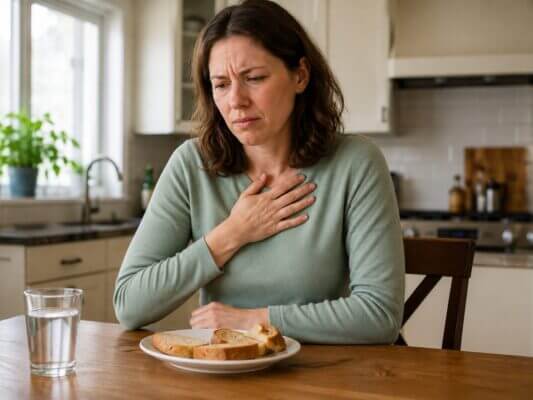 A Western woman sitting at a kitchen table with sliced bread in front of her, holding her chest with a concerned expression after eating.