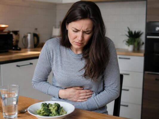 Western woman holding her stomach with abdominal pain after eating broccoli