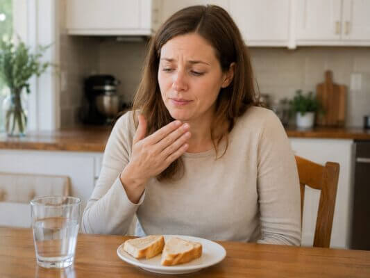 A Western woman sitting at a kitchen table with sliced bread and water, looking mildly uncomfortable while holding one hand near her mouth after eating bread.