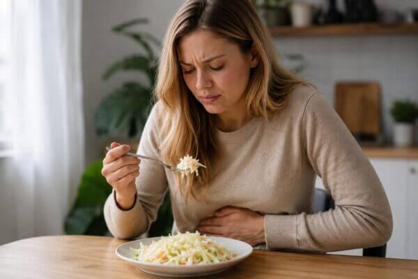 A Western woman sitting at a kitchen table with a plate of cabbage salad, gently holding her stomach with an uncomfortable expression after eating.