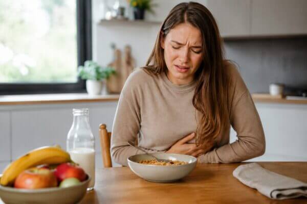 A Western woman sitting at a kitchen table with a bowl of cereal and milk, gently holding her stomach with a bloated and uncomfortable expression in a natural morning breakfast scene.