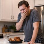 Western man standing in a kitchen, covering his mouth and feeling sick after eating fried chicken