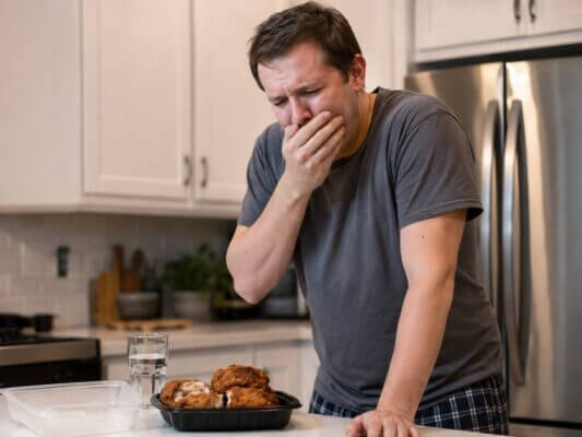 Western man standing in a kitchen, covering his mouth and feeling sick after eating fried chicken