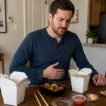 A Western man sitting at a home dining table with Chinese takeout containers, holding his stomach with an uncomfortable expression after eating.