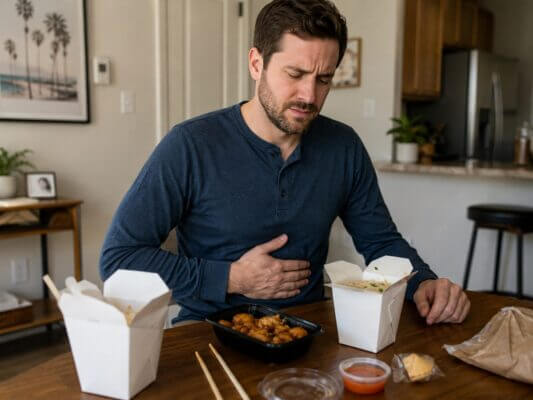 A Western man sitting at a home dining table with Chinese takeout containers, holding his stomach with an uncomfortable expression after eating.