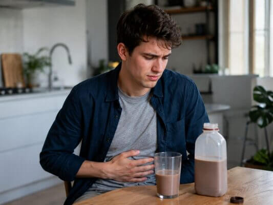 Western man sitting at a kitchen table with chocolate milk, holding his stomach with mild digestive discomfort in a natural photorealistic home setting.
