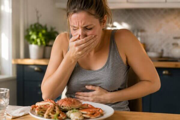 A Western woman sitting at a kitchen table with a plate of crab, covering her mouth and holding her stomach as she feels nauseous after eating seafood.