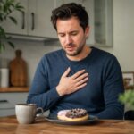 Western man sitting at a kitchen table with donuts and coffee, touching his chest with mild discomfort after eating, suggesting heartburn or acid reflux in a natural lifestyle scene.