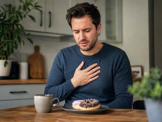 Western man sitting at a kitchen table with donuts and coffee, touching his chest with mild discomfort after eating, suggesting heartburn or acid reflux in a natural lifestyle scene.
