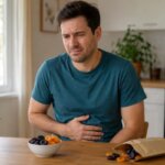 Western man sitting at a kitchen table with a bowl and pouch of dried fruit nearby, holding his stomach with mild digestive discomfort in a natural home setting.