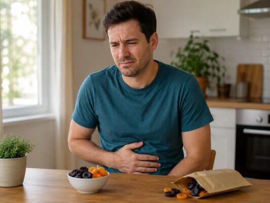 Western man sitting at a kitchen table with a bowl and pouch of dried fruit nearby, holding his stomach with mild digestive discomfort in a natural home setting.