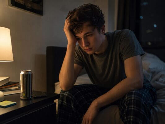 Person lying awake in bed at night after drinking an energy drink
