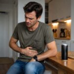 A Western man holding his stomach with a pained expression beside an unlabeled energy drink can in a modern kitchen.