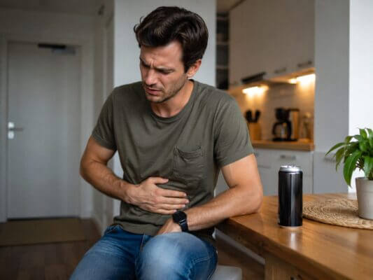 A Western man holding his stomach with a pained expression beside an unlabeled energy drink can in a modern kitchen.