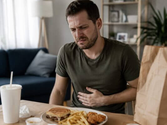 Western man sitting at a table with a burger, fries, fried chicken, soda cup, and takeout bag, holding his stomach with an uncomfortable expression after eating fast food.