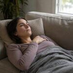 Person lying on a couch during the day, trying to nap but remaining awake and alert