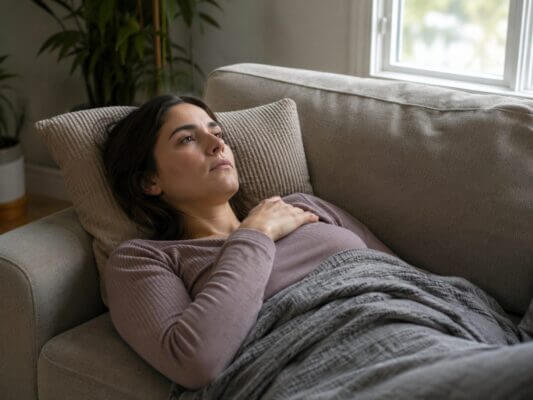 Person lying on a couch during the day, trying to nap but remaining awake and alert