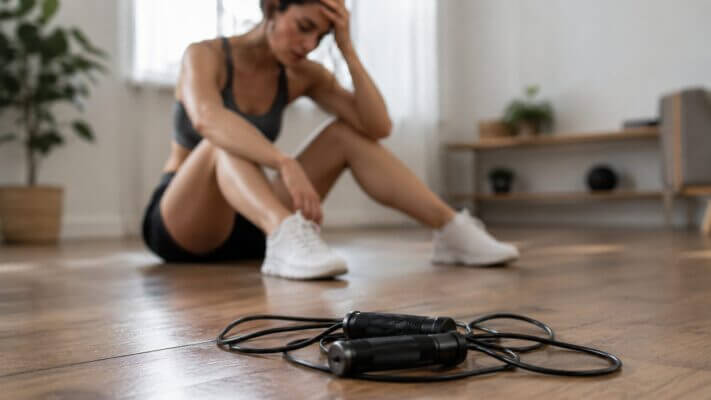 Woman recovering after a jump rope workout and feeling slightly dizzy